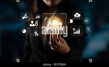 Data-driven decision-making empowers business through analytics, datum collection, and AI systems. Data driven tools support cloud data processing and Stock Photo