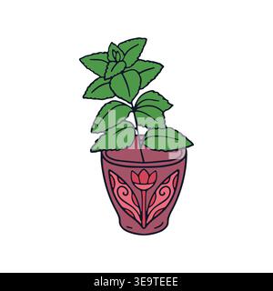 Hand drawn line art mint plant in pot icon vector illustration. Doodle aromatic tea herb clipart Stock Vector