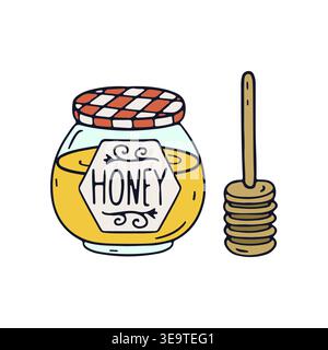 Hand drawn honey glass jar and wooden dipper icon vector illustration. Cozy kitchen utensils clipart Stock Vector