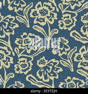 Seamless dense monochrome pattern with hand drawn abstract flowers on blue textured background. Artistic rough brush strokes floral design Stock Vector