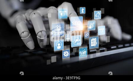 AI assisted search engine research, SEO optimization, search data analysis, keyword strategy, and digital visibility improvement through effective Stock Photo