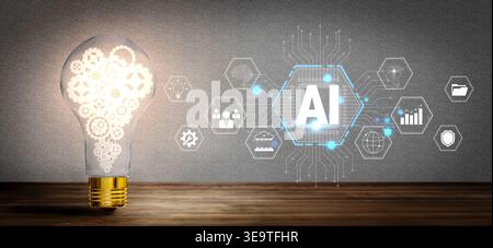 Illuminated Light Bulb with Gears Symbolizing Innovation and Technology in Artificial Intelligence Development Concept Quark. Stock Photo