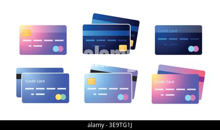 Modern credit card icon set with gradient neon and glassmorphism styles Stock Vector