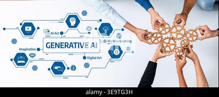 A dynamic illustration of collaborative hands working together on generative AI concepts, showcasing creativity and technology in a modern workspace Stock Photo
