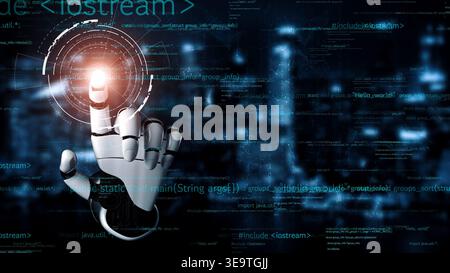 A robotic hand reaches towards a glowing digital interface, symbolizing the fusion of technology and human interaction in a futuristic cyber landscape Stock Photo