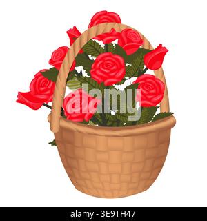 A bouquet of bright red roses in a basket tied with a scarlet bow. Vector illustration isolated on a white Stock Vector
