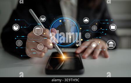 A global business network and digital infrastructure concept. A worldwide connection of services including data, finance, and secure communication Stock Photo