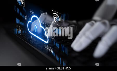 AI artificial intelligence optimizes cloud infrastructure with virtual assistants and intelligent automation, improving scalability, security, and Stock Photo