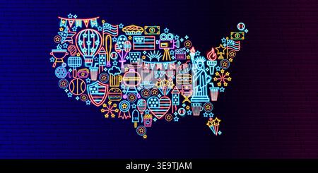 USA Country Map Neon Objects Stock Vector