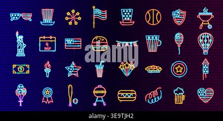 USA Neon Glow Icon Set Stock Vector