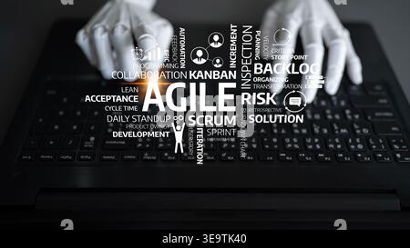 Hands engage with a laptop keyboard showcasing key concepts of agile methodology, emphasizing efficiency in project management through collaboration Stock Photo