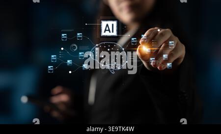 AI neural network and data processing system visualizing artificial intelligence with brain structure, chip, and connected data blocks for computation Stock Photo