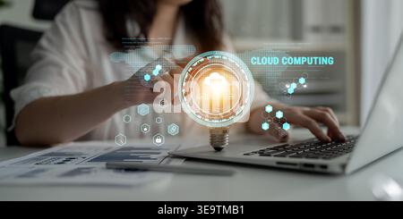 Global cloud computing platform providing services for software development. A worldwide network for data storage, security, and application hosting Stock Photo