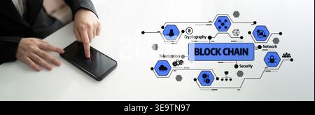 This image illustrates a modern blockchain technology concept with a smartphone screen, depicting elements such as security, cryptography, and network Stock Photo