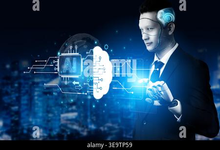 An advanced AI assistant visualizes its machine learning process. This generative technology shows its core processor connecting to a cloud brain and Stock Photo