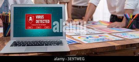 Virus warning alert on computer screen detected brisk cyber threat , hacker, computer virus and malware Stock Photo