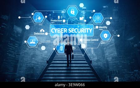 Professional Walking Upstairs Towards Cyber Security Concept with Digital Icons Representing Protection, Detection, Identity, and Access Control in a Stock Photo