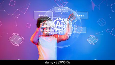 A person engages with virtual reality technology while interacting with AI and chatbot interfaces in a colorful digital landscape, showcasing Stock Photo