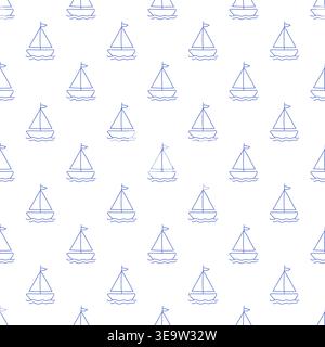 Seamless pattern with sailboats in blue line style on white background. Outline nautical print. Stock Vector