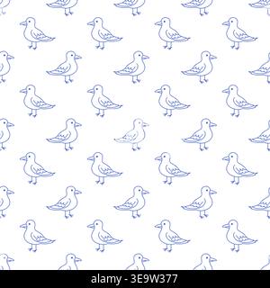 Seamless pattern with seagulls in blue line style on white background. Outline nautical print.  Stock Vector