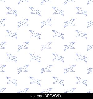 Seamless pattern with seabirds in blue line style on white background. Outline coastal print. Stock Vector