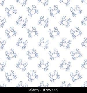 Seamless pattern with crabs in blue line style on white background. Outline nautical print.  Stock Vector