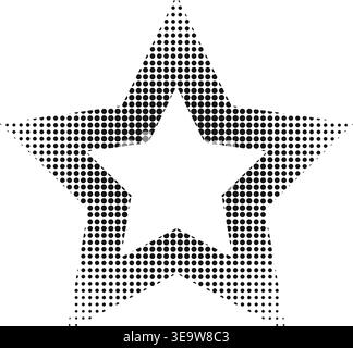 Star frame with dotted borders. Starry shape with bitmap print and faded halftone texture isolated on black background. Decorative design element. Vector graphic illustration. Stock Vector