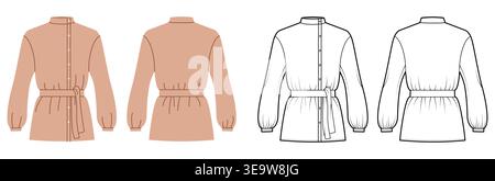 Cossack style blouse with high neckline, front button closure long sleeves gathered cuffs defined waist shaping with belt detail. Technical fashion illustration in black white color, front back views. Vector Stock Vector