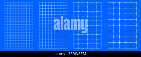 Blueprint grid set rounded cross geometry, four scale variations. Wide medium dense micro spacing comparison, engineering layouts dashboards notebook pages interface planning systems graphics. Stock Vector