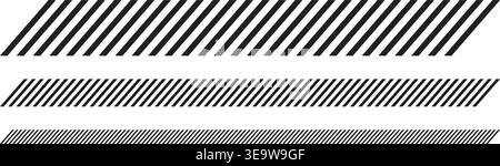 Set of separators with slash lines. Borders with oblique parallel stripes. Embroidery ornament with black slanted stitches on white background Stock Vector