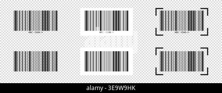 Set of barcode templates with scanner frames. Bar code labels isolated on transparent background. Visual data digital representation with product or Stock Vector