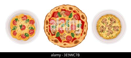 Pizza and spaghetti meal set top view vector doodle illustration. Italian food hand drawn graphic for pizzeria menu and traditional restaurant template. Perfect for mediterranean cafe delivery art. Stock Vector