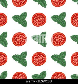 Tomato cherry slice and mint leaf vector seamless pattern. Hand drawn illustration on white background. Organic garden food for restaurant design. Natural kitchen textile for wallpaper and packaging. Stock Vector