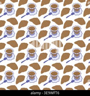 Freehand Coffee cup on saucer in Mediterranean style and Croissant Seamless Pattern Coffee Backdrop. Isolated Vector illustration Coffee Day or International Croissant Day Promo Banner Background idea Stock Vector