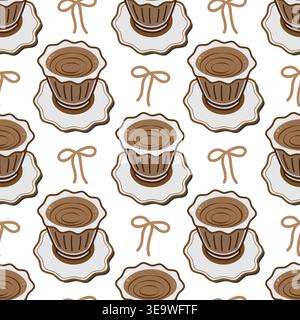Hand drawn coffee cup seamless pattern. Mediterranean cafe doodle vector with ribbons and saucers. Isolated Vector illustration Mood Motivation or Coffee Thematic Card Banners, leaflets, label, price Stock Vector