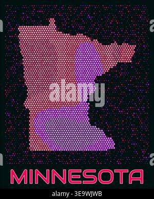 Minnesota digital style hexagon map. Vibrant magenta, purple, pink, neon dotted shape. State tiny bright hexagon cells. Stock Vector
