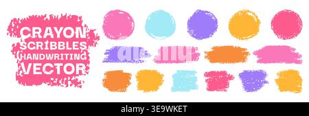 Crayon colored chalk background set hand drawn strokes, scribbles spots. Rough pencil brush highlight textures, round shapes. Grunge edges playful children sketch style drawn box banner for text Stock Vector