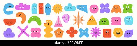 Abstract geometric characters set, cute colorful blob shapes and expressive comic faces. Playful figures with eyes, emotions quirky forms. Fun modern cartoon geometry with smiling happy face elements Stock Vector