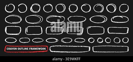 Crayon blackboard outline ovals, circles and ellipses set. Pencil hand drawn emphasis elements freehand line art frames. Doodle style chalk sketches rough thin borders round shapes grunge effect frame Stock Vector