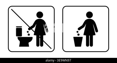 Set of restroom rules icons showing correct and incorrect waste disposal. Includes prohibited flushing symbol and proper trash bin usage pictogram. Id Stock Vector