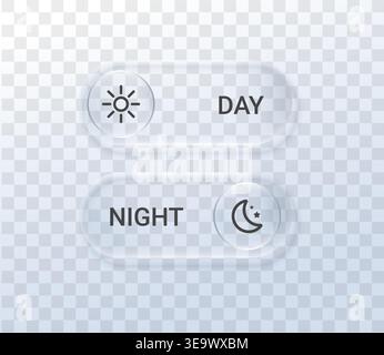 Night sun switch button glass 3d sleep liquid light moon. This ui day vector icon features white mode screen design for dark web toggle slider or Stock Vector