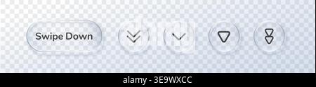 Modern swipe arrow buttons with glassmorphism effect for UI design. Minimalist interface icons featuring transparent glass elements and directional Stock Vector