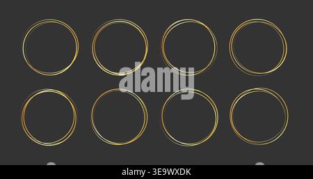 Gold golden frame ring set. Gold circular ring line glitter luxury hand drawn outline texture. Elegant doodle sparkle light metal effect for wedding decoration logo. Vector illustration Stock Vector
