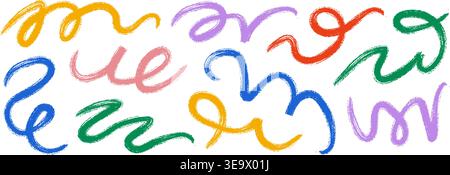 Color hand drawn organic line collection. Brush stroke squiggle shape set. Vector charcoal chalk serpentine streamers. Crayon curly wave element bundle. Wiggly scribble pack for party decor, poster Stock Vector