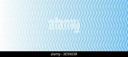 Blue wave texture gradient. Fading curved linear halftone gradation. Vector wavy water lines pattern wallpaper. Blue thin to thick undulate stripes background for overlay, print, cover, graphic design Stock Vector