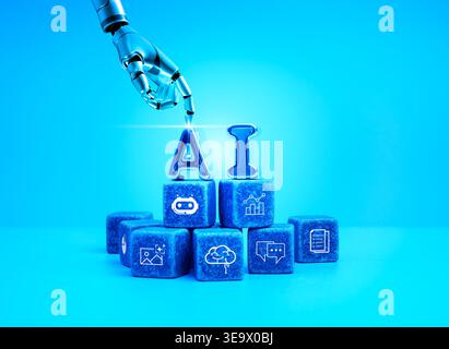 Futuristic artificial intelligence concept with robotic hand interacting with AI cubes. Machine learning, automation, data analytics and digital trans Stock Photo