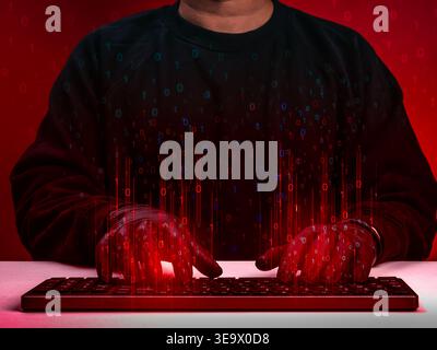 Cyber attack concept with hacker using keyboard surrounding with binary code, red background. Data breach, digital security threat, online scam and cy Stock Photo