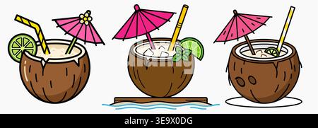 A vibrant vector illustration set featuring three refreshing tropical coconut cocktails. Each drink is served in a natural coconut shell, adorned. Stock Vector