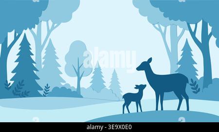 A serene vector illustration depicting a peaceful winter forest scene in various shades of blue. A mother deer and her fawn stand gracefully in the fo Stock Vector