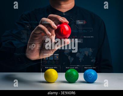 Risk management and assessment concept with hand holding red ball with warning alert and digital dashboard. Business risk analysis, AI monitoring, cyb Stock Photo